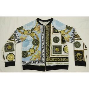 Vintage 90s Baroque Royalty Coins Chains Stretch Full Zip Bomber Jacket L